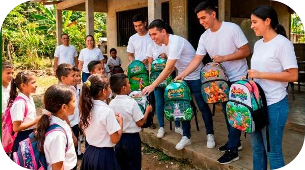 Niños recibiendo morrales con kits escolares